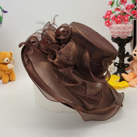 Beautiful 15" Wide Rim Brown Organza Dress Hat - Picture 3 of 6